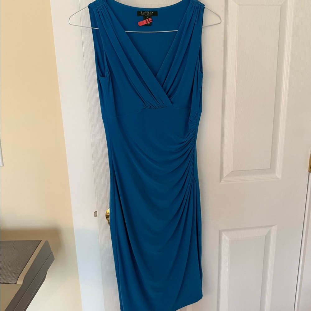 Lauren Ralph Lauren Teal Draped V-Neck Midi Dress